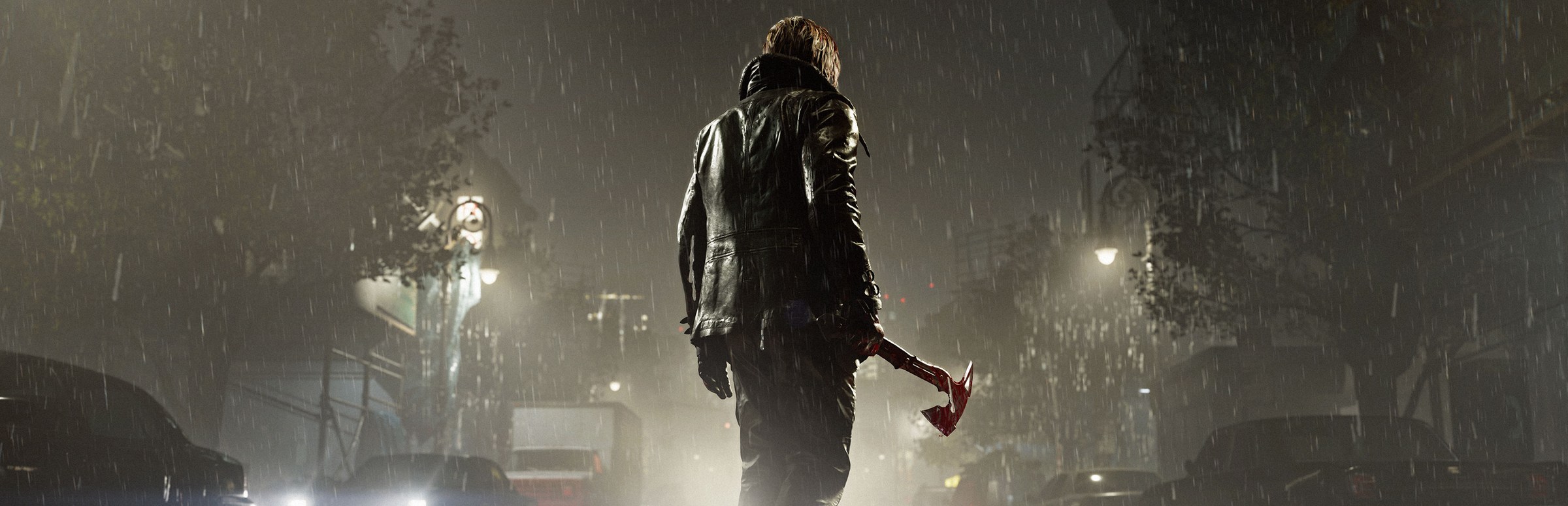 In-game reference: Leon walking down a rain-soaked street in Resident Evil Requiem, the red axe in his hand