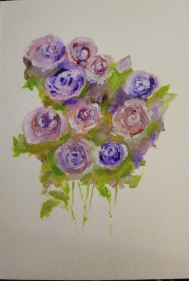 Purple flowers: loose, round blooms in violet and dusty pink, with green leaves dripping down the page