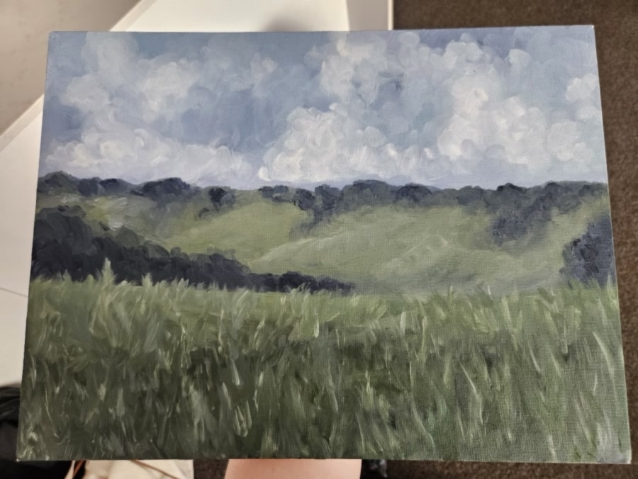 Moody field: long windswept grass in front of dark tree lines and rolling green hills, under heavy white clouds